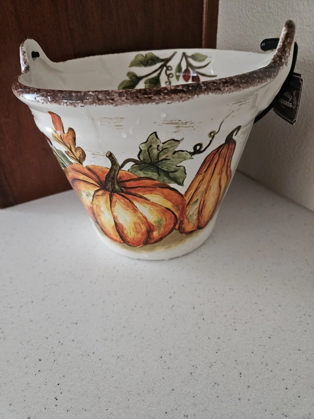 Decorative Autumn Pumpkin Ceramic Bucket- White and Orange